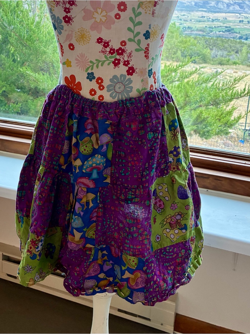 Hand sewn Purple & Green Patchwork Skirt with Mushroom Print